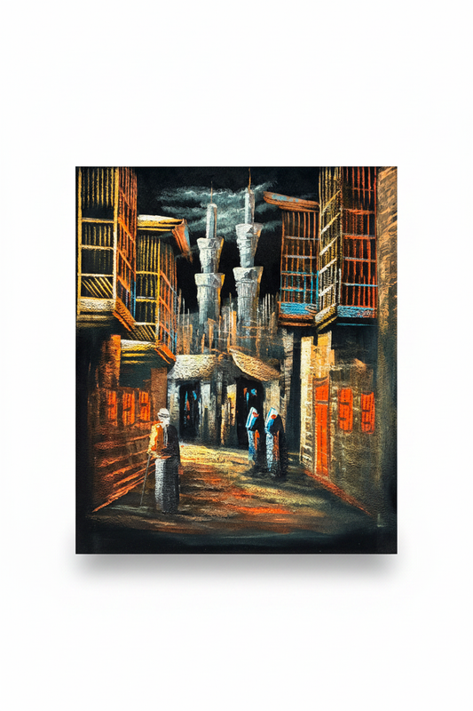 Middle Eastern old city alleyway night scene canvas art on white background with drop shadow – 20x24 inches product shot