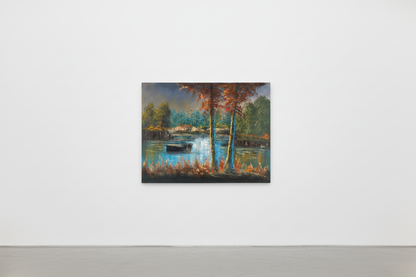 Original autumn woodland oil painting leaning against a white gallery wall — frameless canvas display