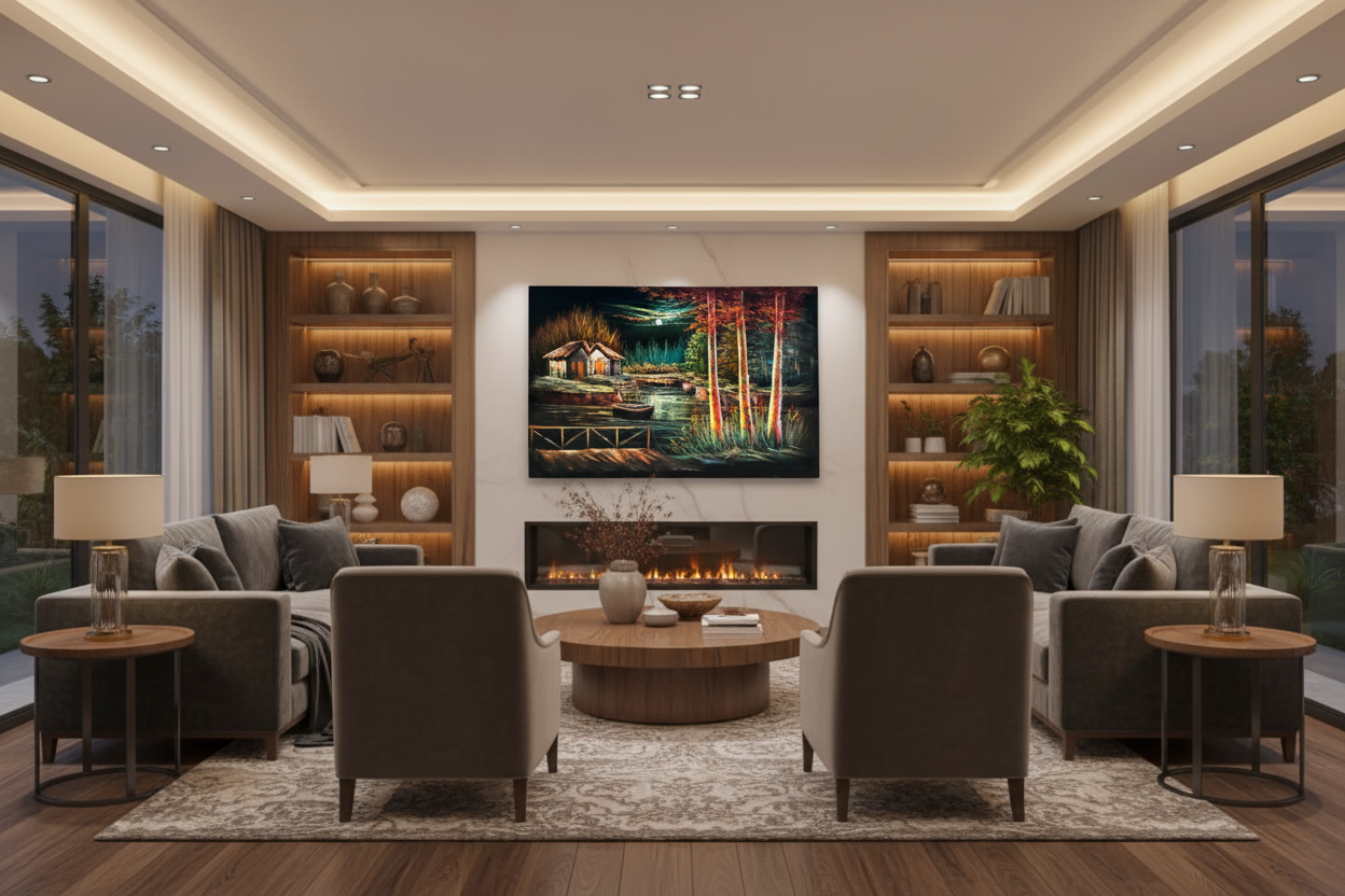 Moonlit lakeside cabin canvas art displayed in elegant luxury living room — lifestyle interior mockup