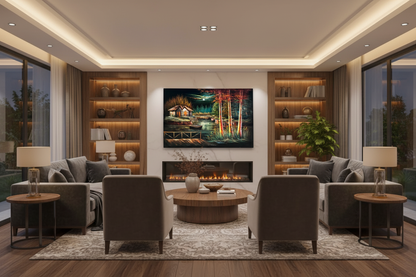 Moonlit lakeside cabin canvas art displayed in elegant luxury living room — lifestyle interior mockup
