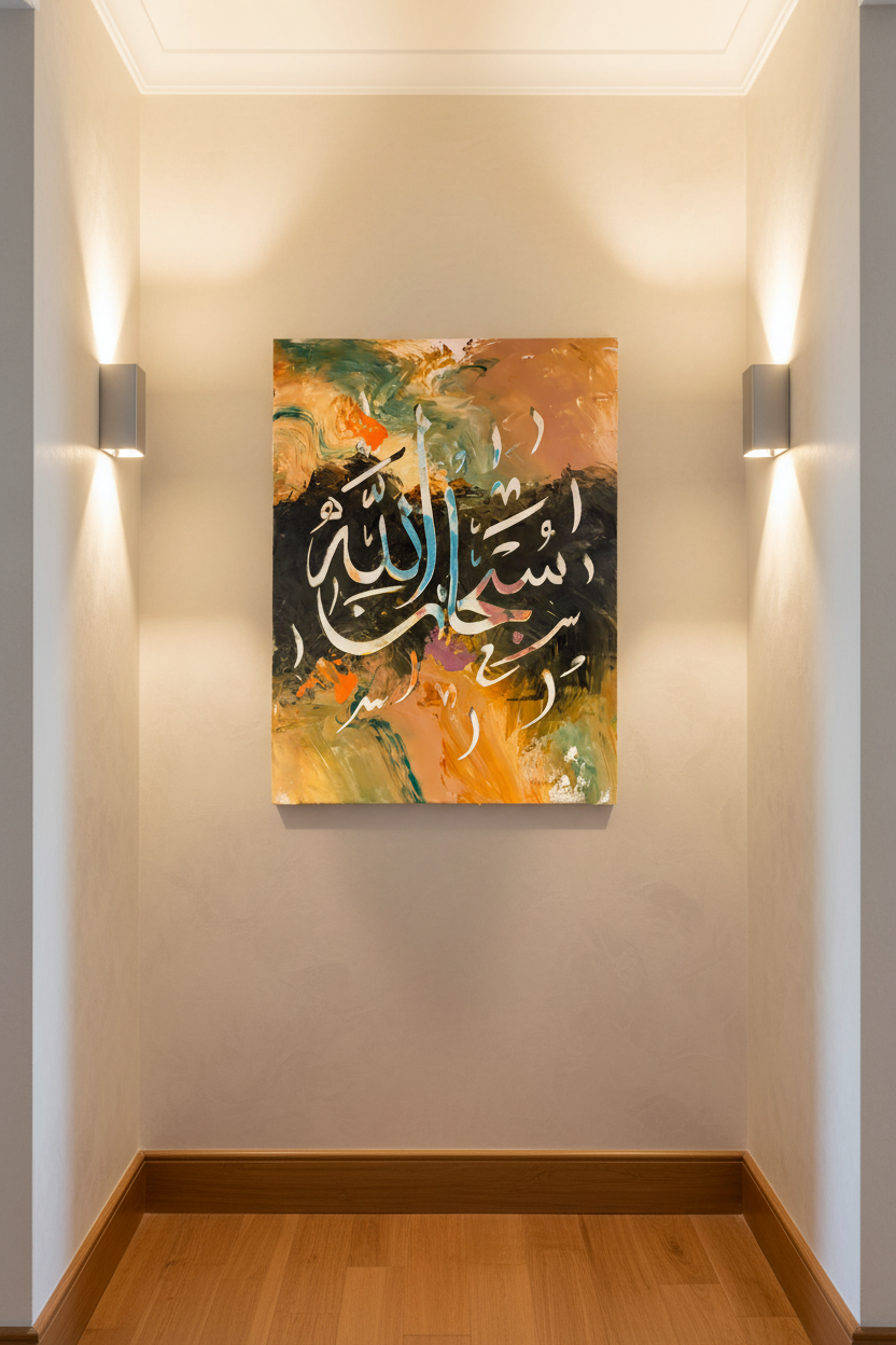 Subhanallah Arabic calligraphy canvas art hanging in an elegant hallway with warm wood flooring, portrait 3:4 ratio, no frame gallery wrap, luxury home interior