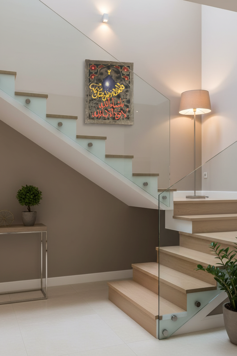 Masha Allah La Quwwata Illa Billah mosque dome panel mounted on staircase wall in elegant home interior