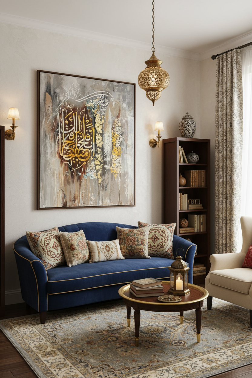 Arabic calligraphy canvas art displayed in sophisticated dining area