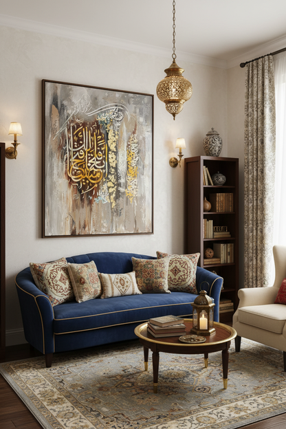 Arabic calligraphy canvas art displayed in sophisticated dining area