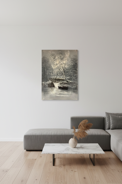 Forest canal painting hung on empty white wall in minimalist living room