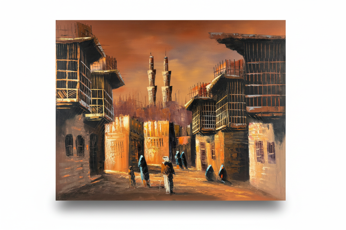 Original Middle Eastern minaret street scene oil painting isolated on white background with soft drop shadow — clean product shot