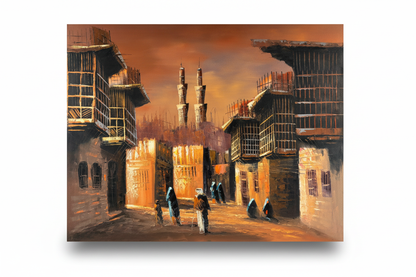 Original Middle Eastern minaret street scene oil painting isolated on white background with soft drop shadow — clean product shot
