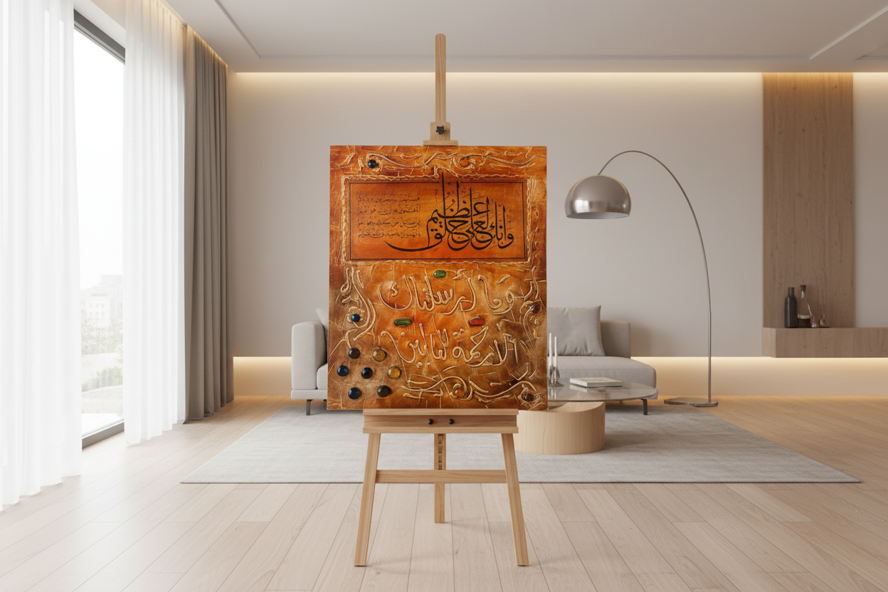 Copper amber Quranic calligraphy gemstone panel displayed on easel stand in modern living room