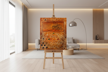 Copper amber Quranic calligraphy gemstone panel displayed on easel stand in modern living room