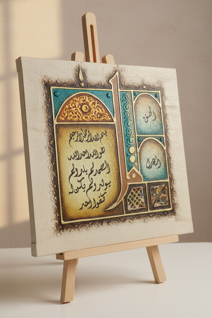Al-Haqq Al-Adl Islamic calligraphy canvas on wooden art stand
