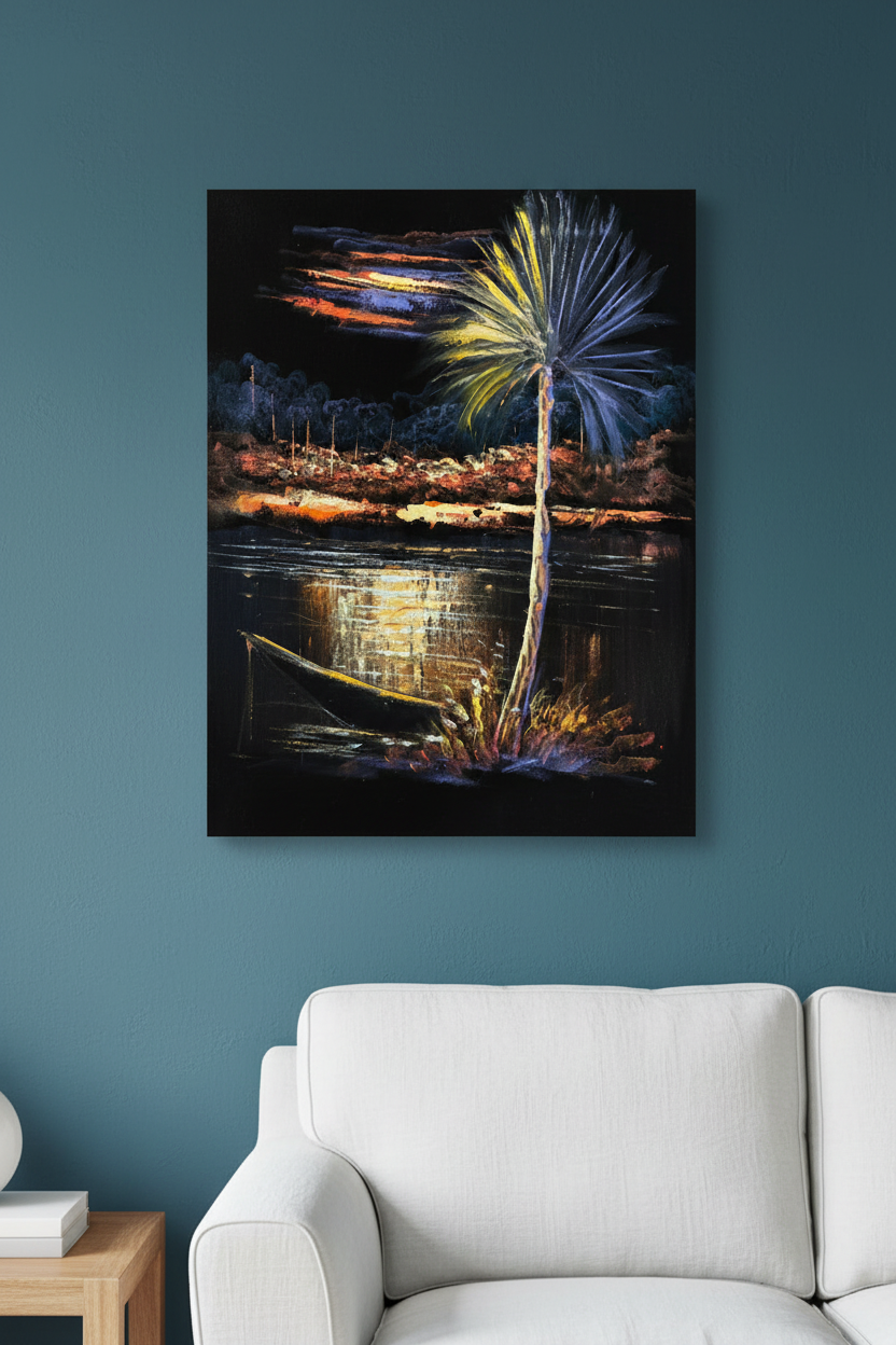 Palm Tree by the River at Night oil painting on deep ocean teal blue wall in coastal Mediterranean living room — no frame, premium interior art display