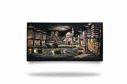 Middle Eastern bazaar night scene canvas wall art on white background with shadow – 47x24 inches