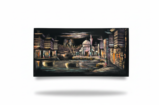 Middle Eastern bazaar night scene canvas wall art on white background with shadow – 47x24 inches