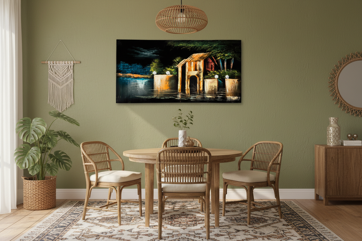 Original waterfront night scene painting displayed unframed on a sage green bohemian dining room wall