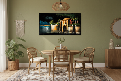 Original waterfront night scene painting displayed unframed on a sage green bohemian dining room wall