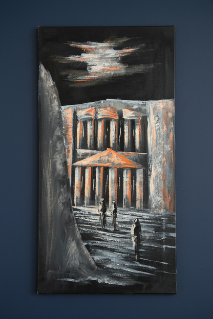 Petra at night painting displayed on deep navy blue wall