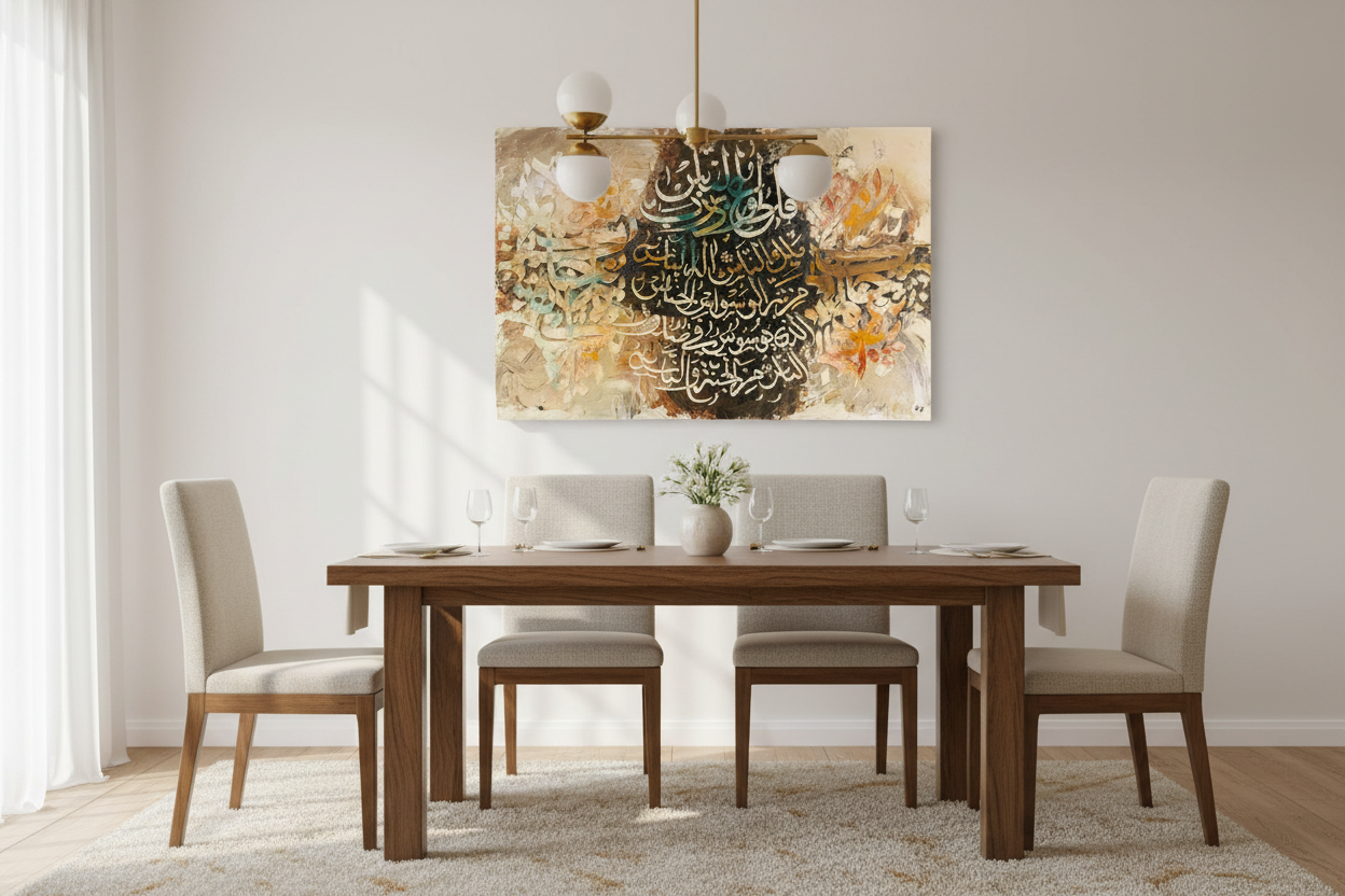 Surah An-Nas Islamic calligraphy canvas displayed in a dining area, no frame