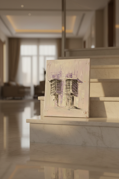 Original lavender shanasheel impasto oil painting leaning on marble staircase step in luxury home interior