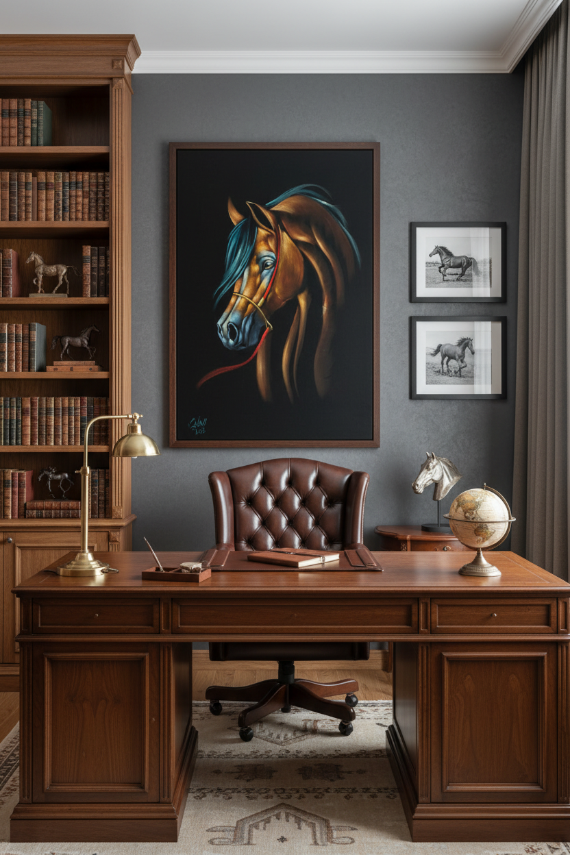 Arabian horse portrait canvas art in sophisticated home office or study — lifestyle interior mockup