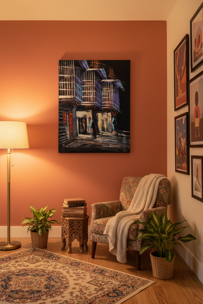 Ancient Alleyway at Night oil painting on terracotta accent wall in bohemian study — warm ambient lifestyle art photography