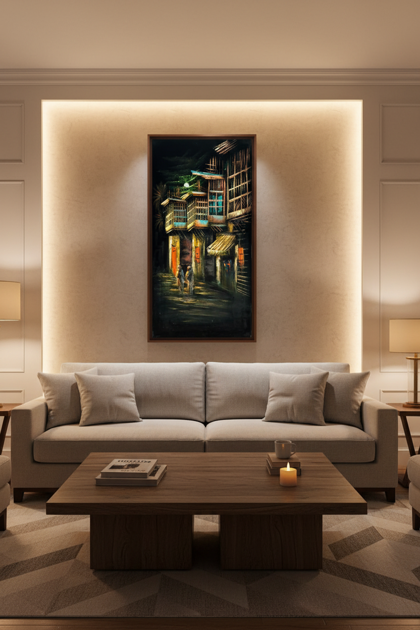 Bamboo street painting displayed as statement piece in luxury living room