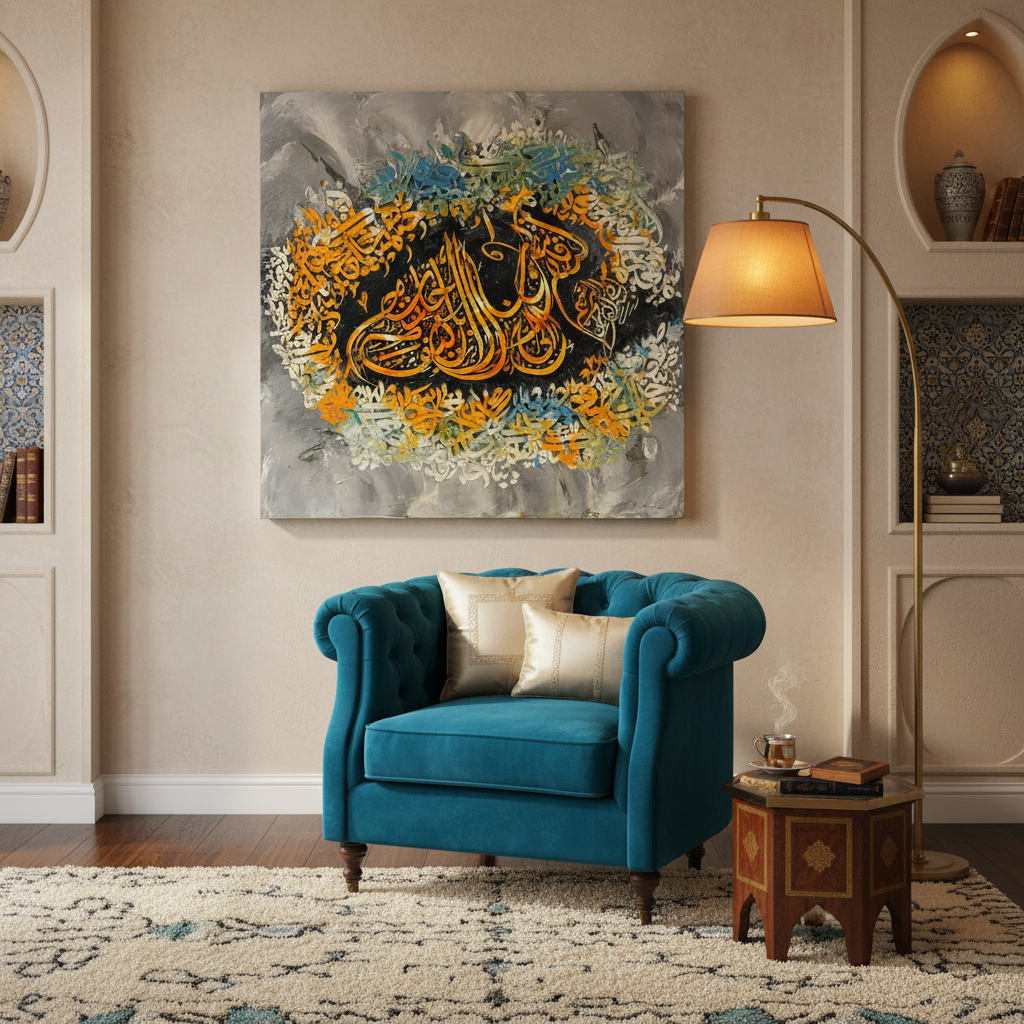 Frameless square Arabic calligraphy canvas art displayed in sophisticated dining area