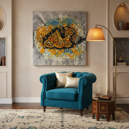 Frameless square Arabic calligraphy canvas art displayed in sophisticated dining area