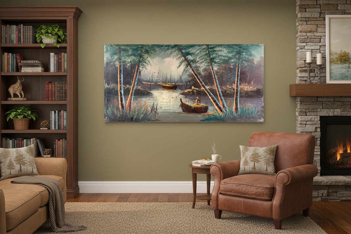 Nature painting in elegant living room lounge – lifestyle interior view