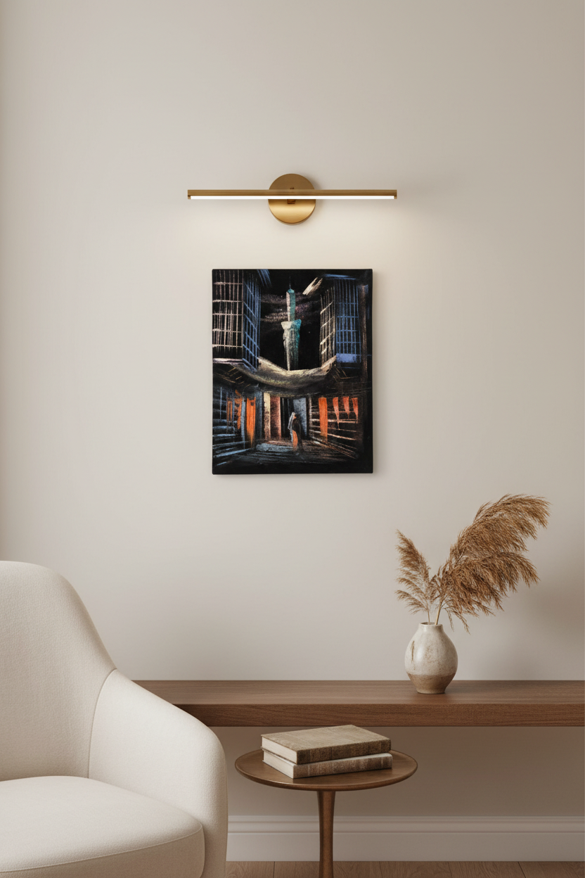 Ancient courtyard minaret night Islamic heritage canvas art displayed in small cozy room lifestyle photo