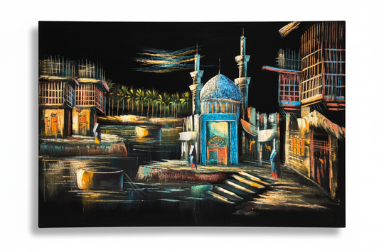 Iraqi old city mosque canvas art on white background with shadow — clean product view