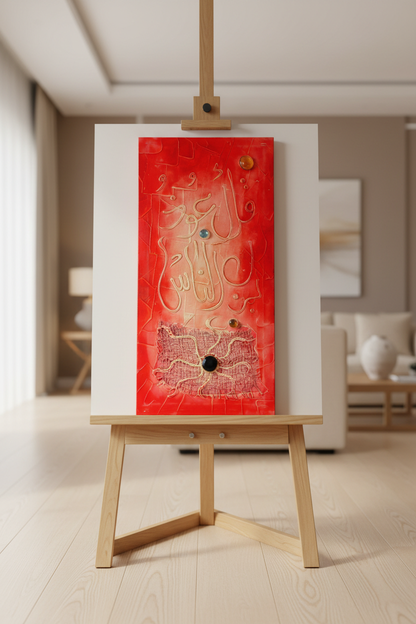 Islamic calligraphy red mixed media canvas displayed on art stand