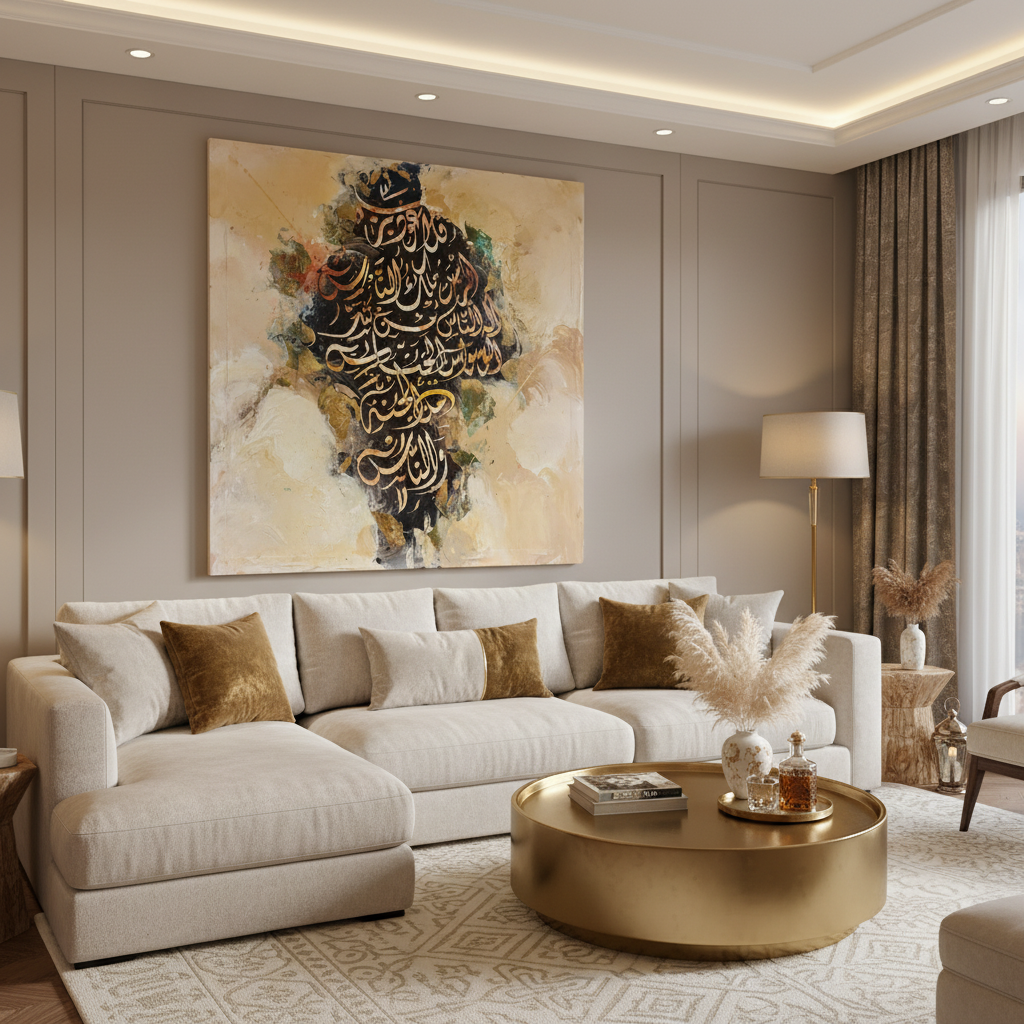 Frameless square Arabic calligraphy canvas art displayed in luxury living room interior