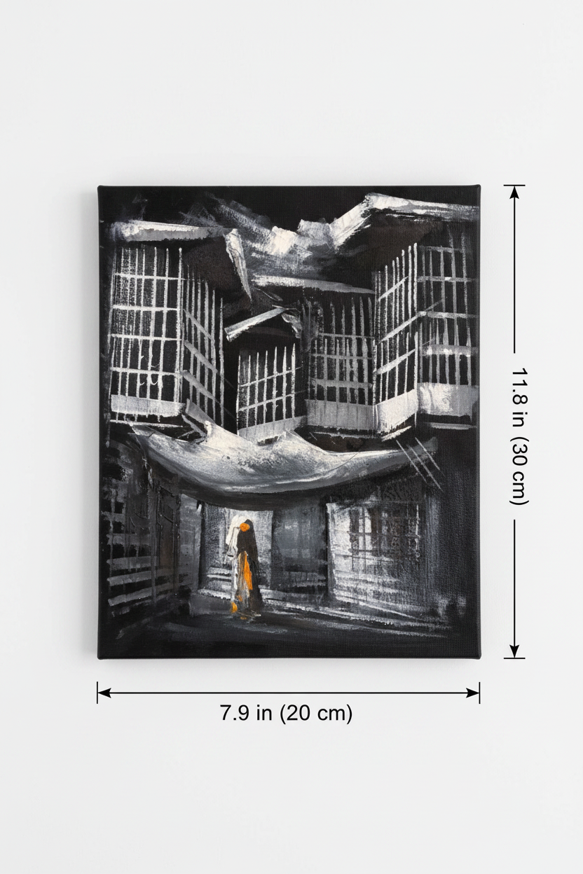 Noir courtyard veiled figure canvas art with dimensions 7.9 inches wide x 11.8 inches tall 20cm x 30cm