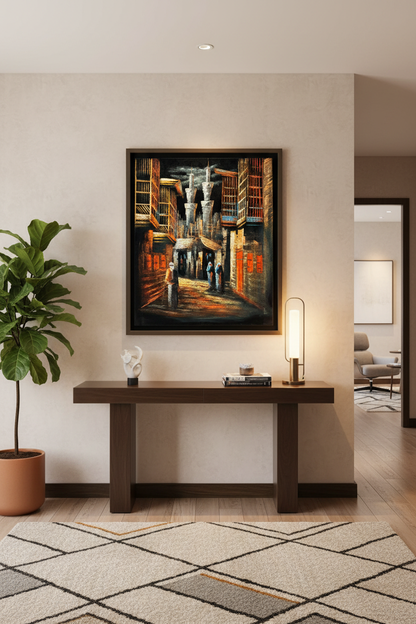 Middle Eastern old city alleyway night scene canvas art staged in a stylish home hallway