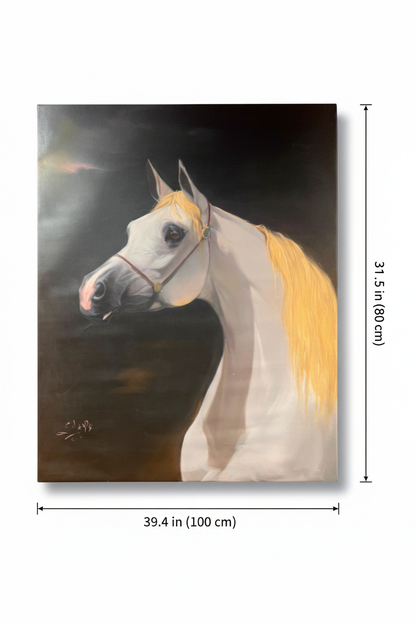 White Arabian horse portrait canvas art with dimensions 39.4 inches wide x 31.5 inches tall 100cm x 80cm