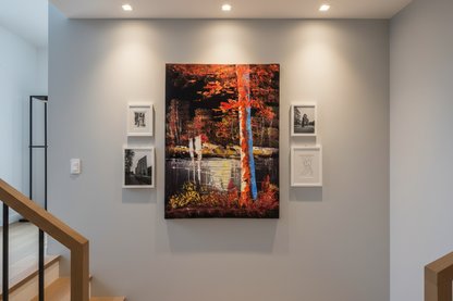 Autumn forest lake night canvas art displayed on staircase gallery wall in modern home lifestyle photo