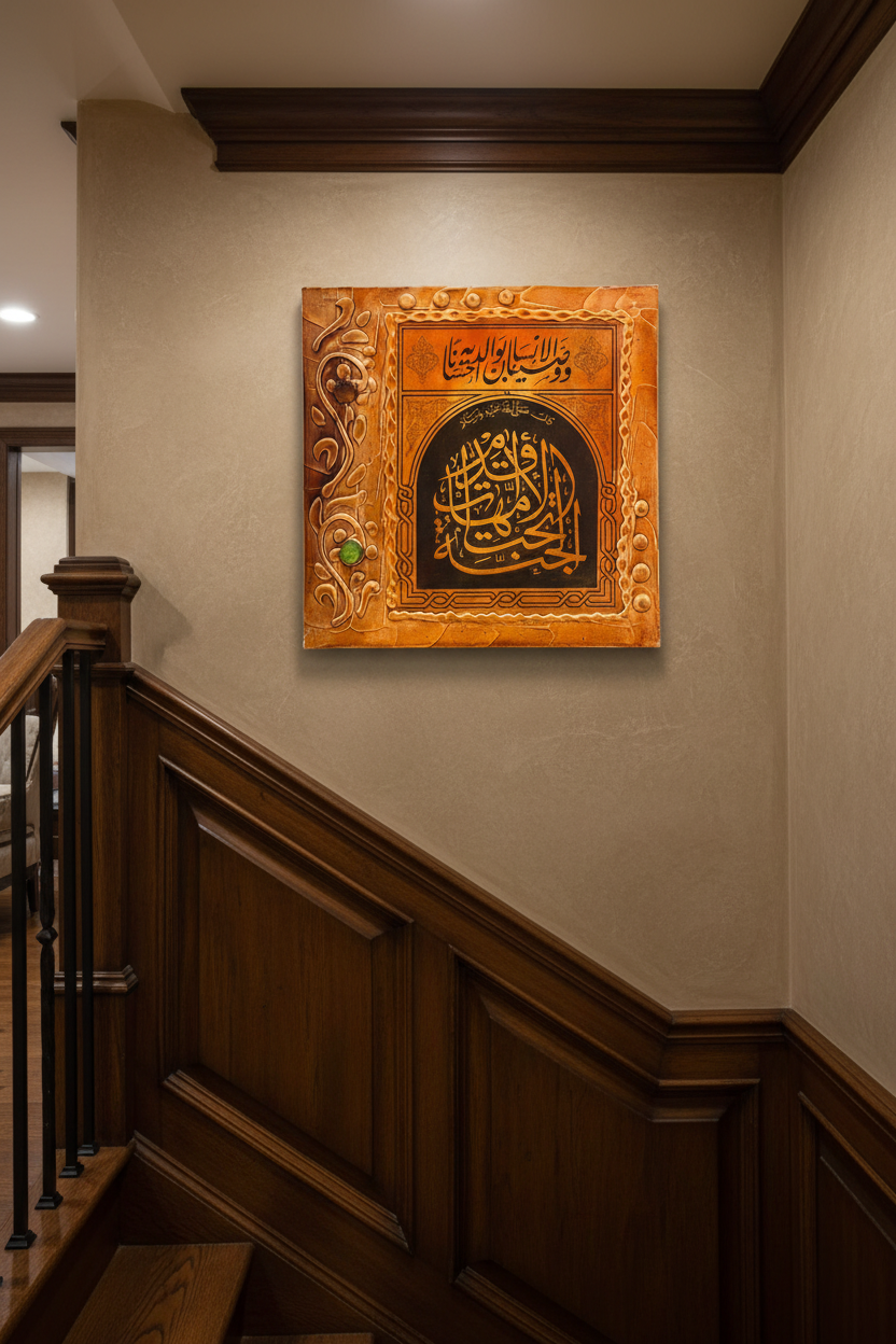 Islamic calligraphy ornate arch wall art displayed on staircase wall