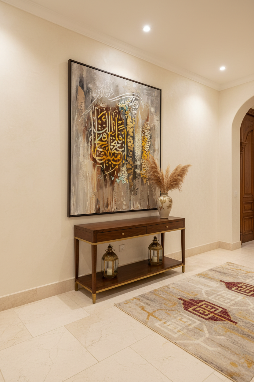 Arabic calligraphy canvas art displayed in elegant hallway