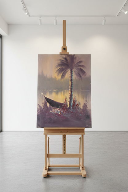 Tropical palm tree painting displayed on wooden easel stand in minimalist studio