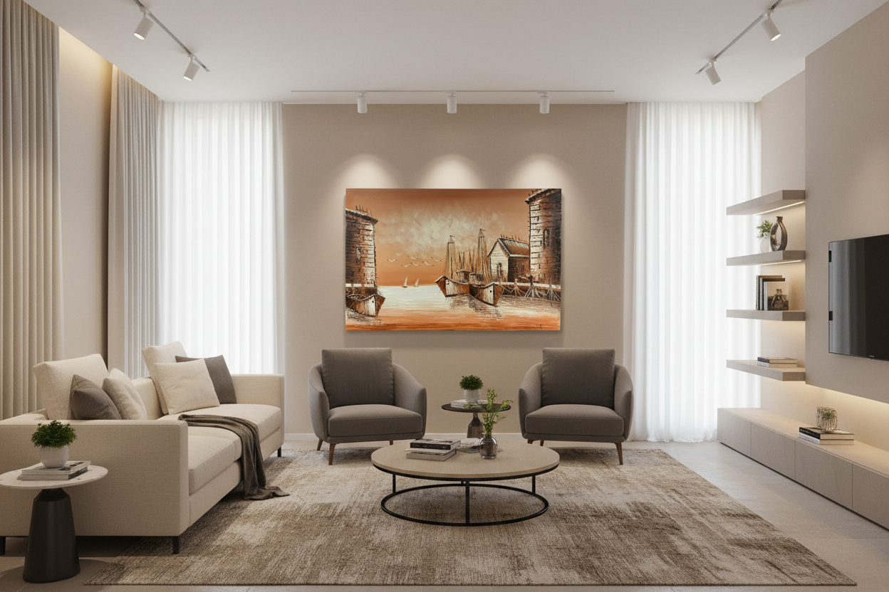 Original harbor dock oil painting hung unframed on feature wall in a sophisticated modern leaving room lounge at correct scale