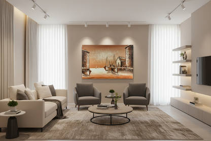 Original harbor dock oil painting hung unframed on feature wall in a sophisticated modern leaving room lounge at correct scale