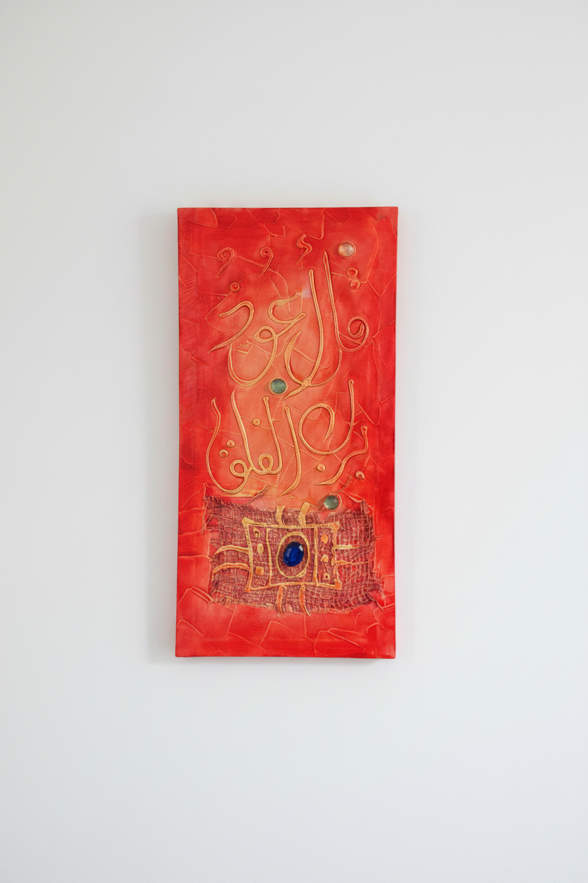 Islamic calligraphy red-orange canvas on empty white wall