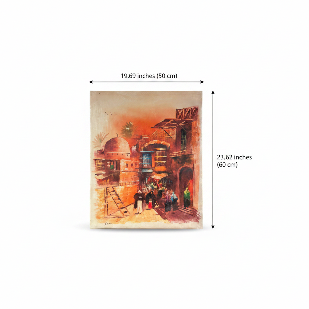 Dimension diagram showing 19.69 inches wide by 23.62 inches tall (50cm × 60cm) for old city street dome oil painting