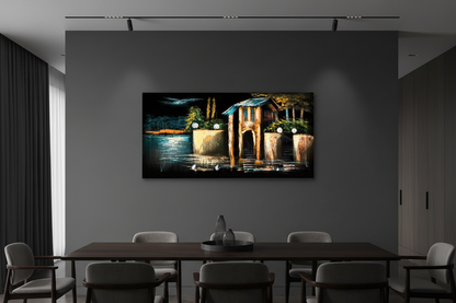 Original acrylic night waterscape painting displayed unframed on a dark charcoal modern dining room wall