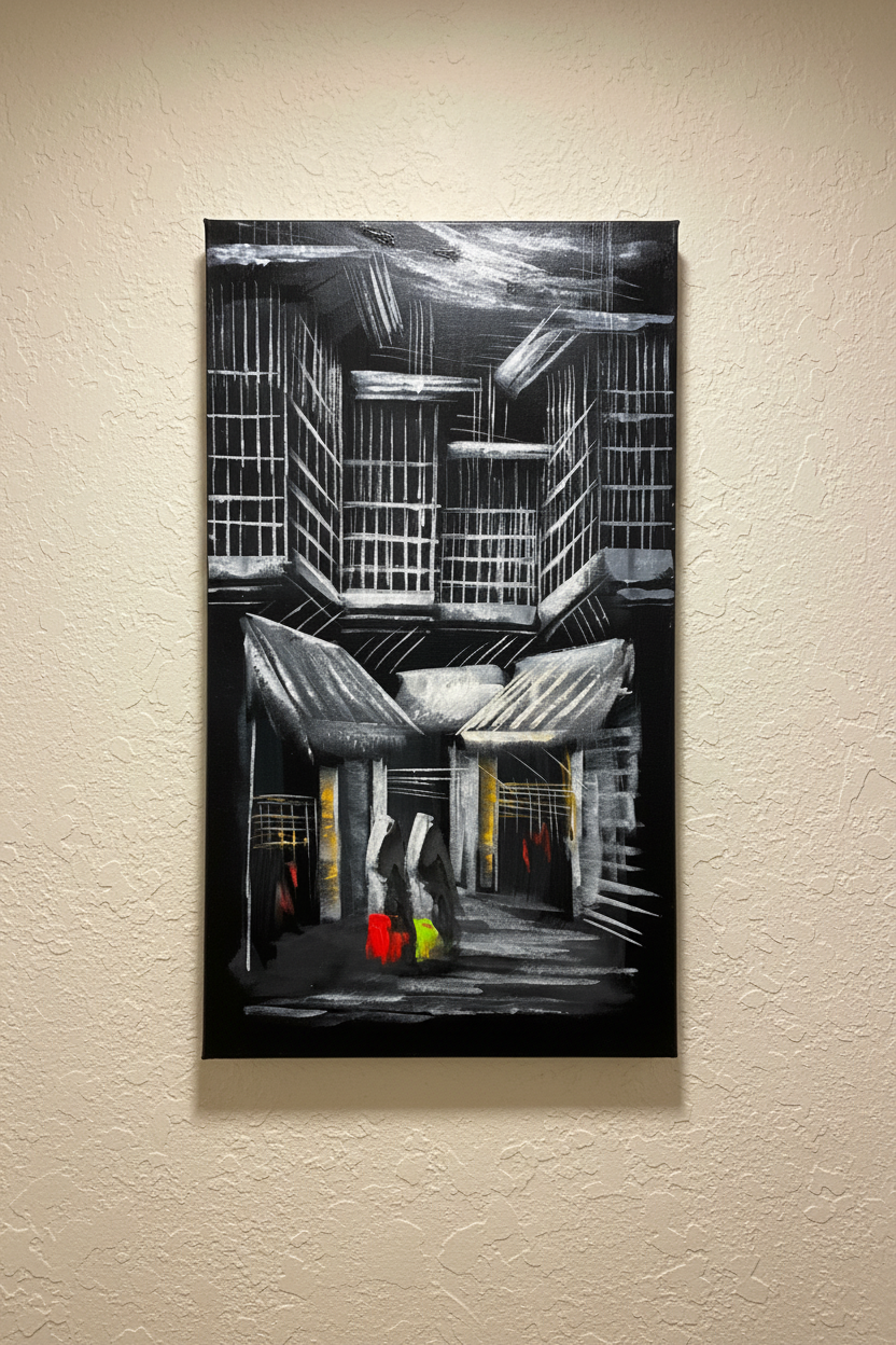 City Noir painting displayed on ivory cream wall