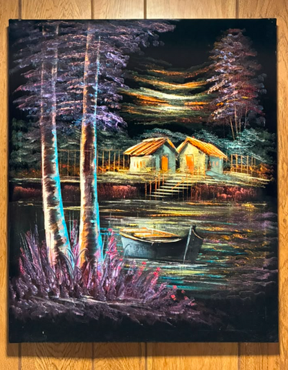 Tranquil Lakeside Village Night Scene – Original Canvas Wall Art 20×24 in