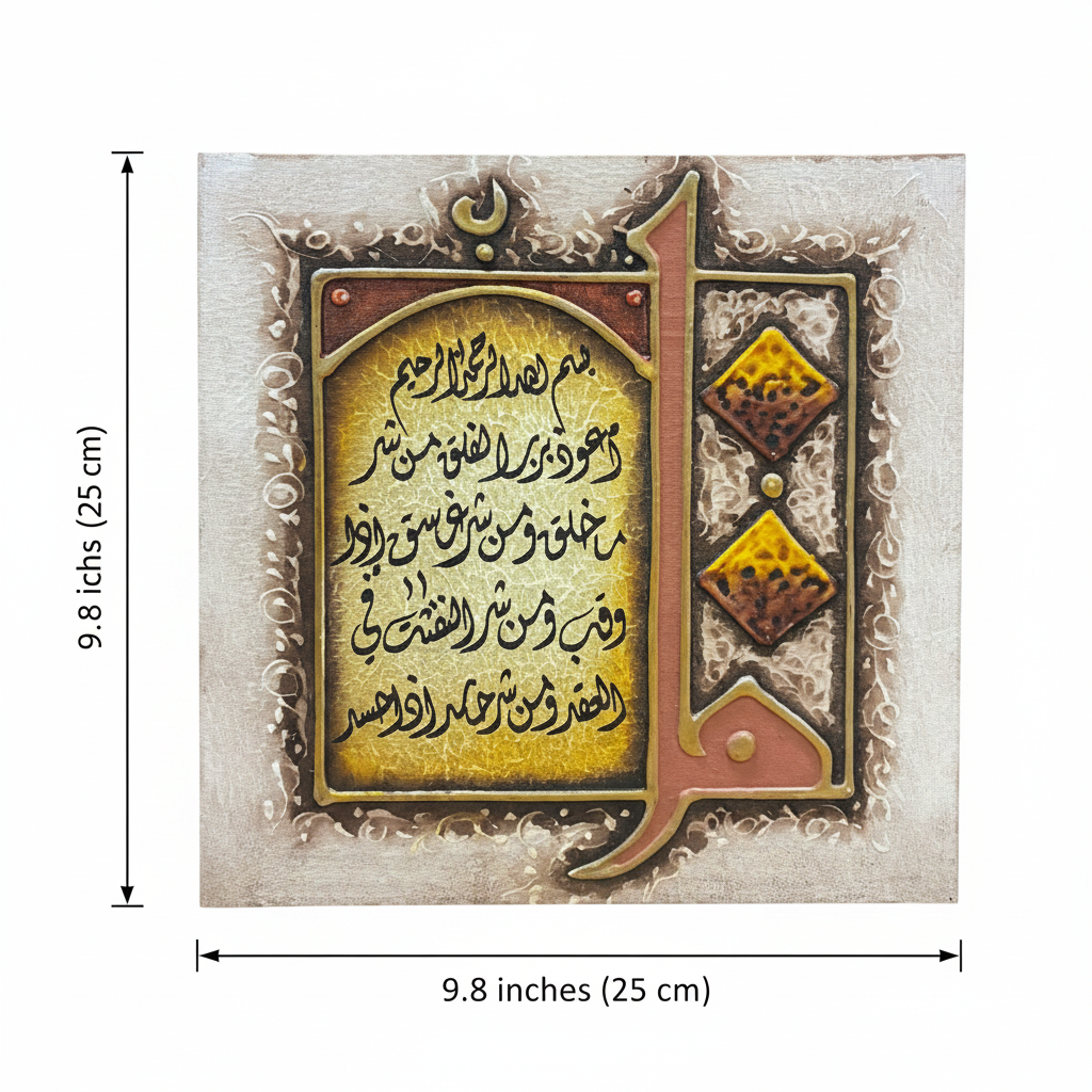 Surah Al-Falaq canvas dimension diagram – 9.8 inches x 9.8 inches (25cm x 25cm)