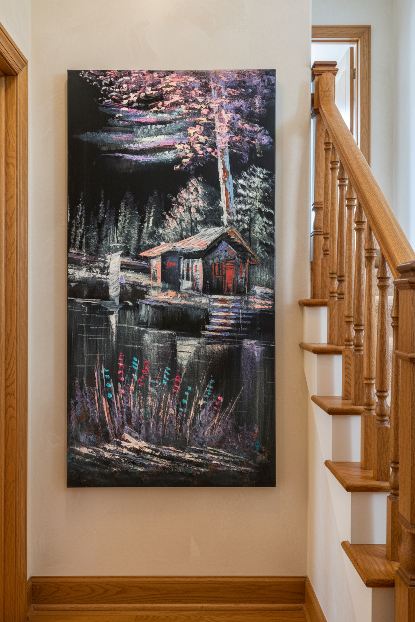 Lakeside Cabin painting displayed in elegant staircase interior setting