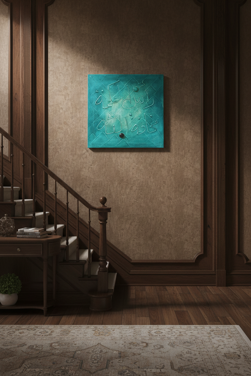 Islamic calligraphy teal quilted wall art displayed on staircase wall