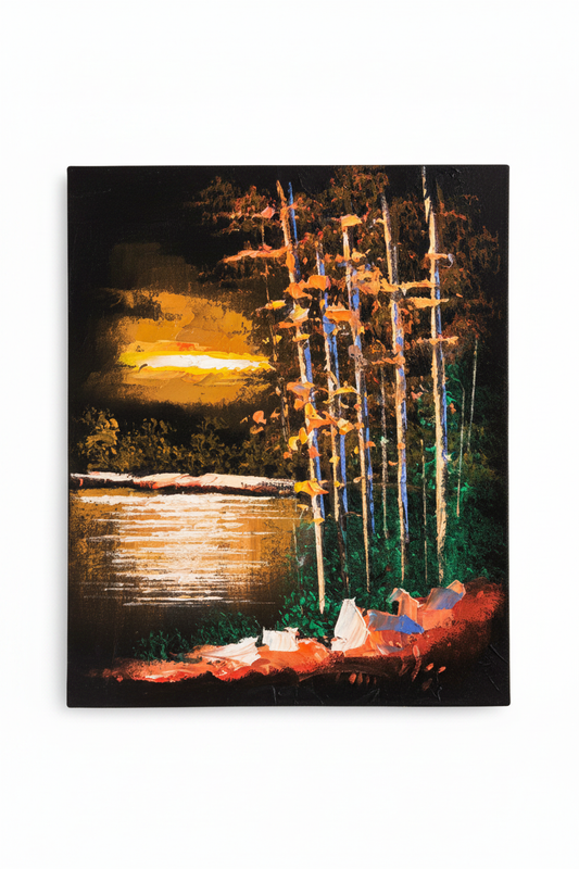 Golden sunset lakeside forest birch tree nature canvas art on white background product photo